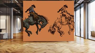 Print cowboy riding a wild horse mustang rounding a kicking horse on a rodeo graphic sketch sketching graphics Wall mural