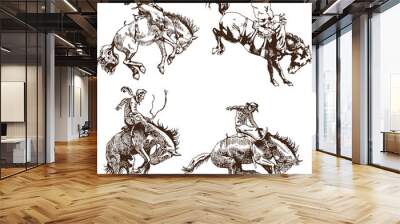 vector banner poster with a cowboy rider sitting on a wild horse mustang and the inscription rodeo on the background of wooden boards in retro style Wall mural