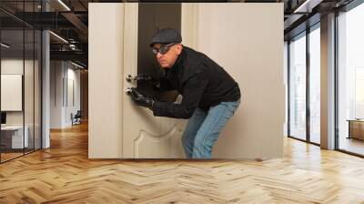 A man in a black jacket and dark glasses opens the door key Wall mural