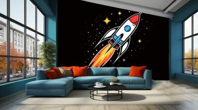 A cartoon rocket blasting off into space, surrounded by stars Wall mural