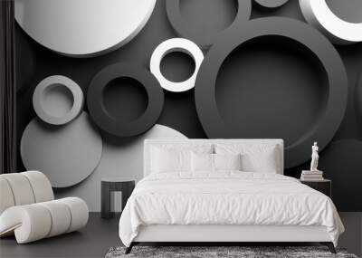 A collection of overlapping black and white circles in various sizes and depths, creating a modern and abstract design Wall mural