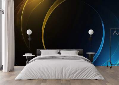 Abstract design featuring smooth, flowing lines with a gradient of colors from gold to blue on a dark background Wall mural