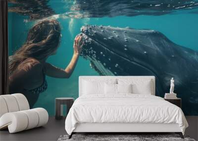 Cute little girl touching a whale underwater in the sea. Underwater photography Wall mural