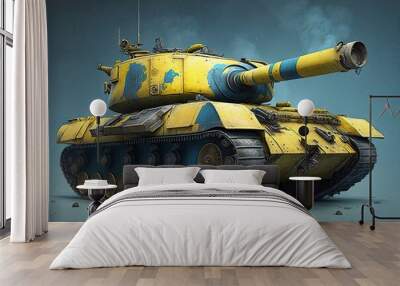 Heavy yellow tank with blue sky and clouds in the background Wall mural