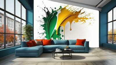 Splashes and drops of green, white and yellow paint on a white background Wall mural