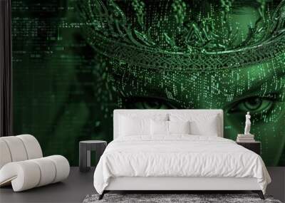 Stylized representation of a human face with a digital overlay, characterized by a green color scheme and binary code elements Wall mural