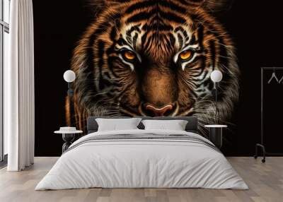 Tiger face with orange eyes on black background Wall mural