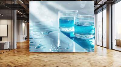 Two glasses of blue liquid, possibly a beverage, with water droplets and reflections on a reflective surface Wall mural