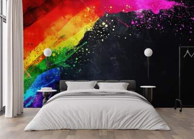 Vibrant, abstract splash of colors on a dark background, resembling a rainbow with a dynamic and somewhat chaotic distribution Wall mural