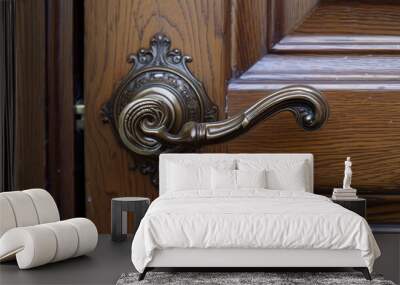 Wooden door handle in the form of a spiral, close-up Wall mural