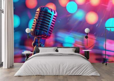 Vintage microphone illuminated by colorful lights in a lively music venue at night Wall mural