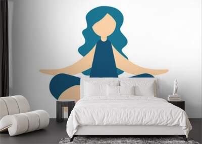 Woman in blue clothes and with long hair meditates in the lotus position. Person isolated on a white background. Yoga, relaxation, harmony, lifestyle. Vector illustration for posters, design Wall mural