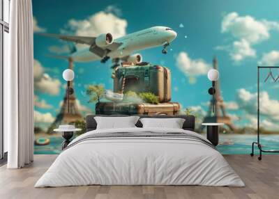 A traveling suitcase at a vibrant destination with an airplane flying above and iconic landmarks Wall mural