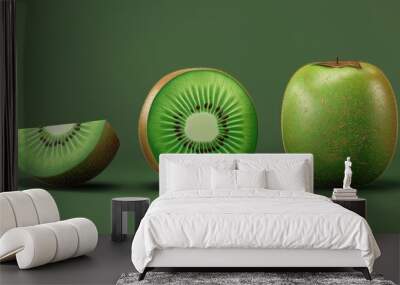 Fresh green fruits arranged on a solid background, showcasing kiwi and apple varieties Wall mural