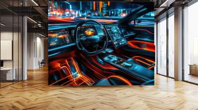 Futuristic car interior with glowing displays in a vibrant city at night Wall mural