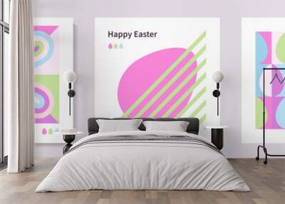 Set of Happy Easter cards in modern minimalistic style with geometric shapes, eggs. Trendy editable vector template for greeting card, poster, banner, invitation, social media post.	 Wall mural