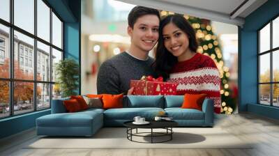 A man and a woman are holding a red box. The man is smiling and the woman is smiling as well Wall mural