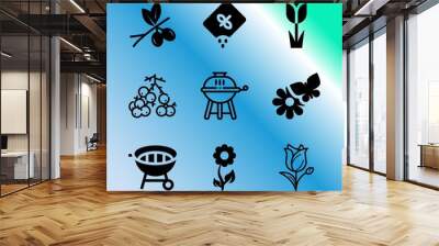 Vector icon set about gardening with 9 icons related to steak, leaf, grid, sketch, nutrition, oil, organic, illustration, meat and glowing Wall mural