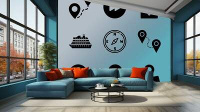 Vector icon set about location with 9 icons related to background, classic, residential, pictogram, local, symbol, passenger, motorcycle, laptop and east Wall mural