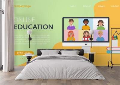 Video conference with school children. Online education concept. Flat vector illustration Wall mural