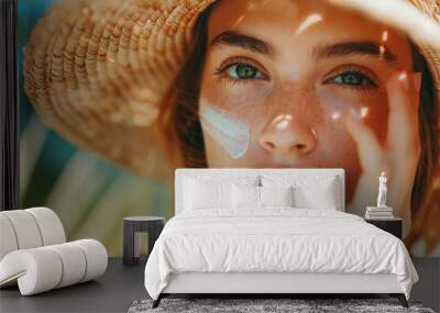 Young woman applying sunscreen to her face on the beach on a sunny summer day Wall mural