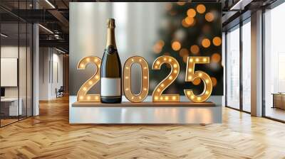 There is champagne on the table, treats, gold numbers 2025. In the background there is a decorated Christmas tree with sparkling lights. The atmosphere of celebrating the New Year. Postcard Wall mural