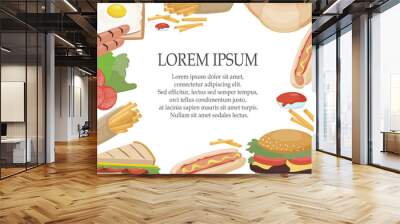 Fast food takeaway. Vector realistic elements of hamburger, hot dog, sandwich, fries, toast and egg. Menu or invitation template background Wall mural