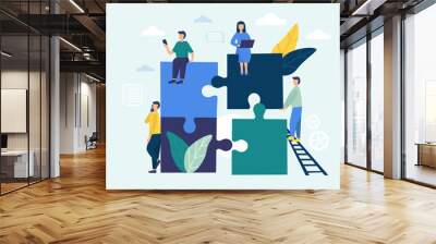 People connect the parts of the puzzle. Business concept of teamwork. Successful cooperation and partnership. Timbling design. vector flat illustration. Wall mural