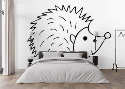 Cute hedgehog black and white doodle illustration on white background. Forest animal with prickly needles Wall mural