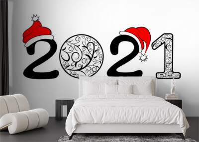 Happy new year 2021 template. The numbers are drawn with monograms, on the numbers- two are wearing Santa Claus hats. Design for banner, greeting card, brochure or print. Isolated on white background. Wall mural