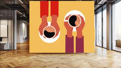 Two hands holding coffee cup. Vector illustration in flat style. Wall mural