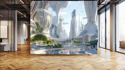 future city with white fantastic buildings, river and greenery. neo-futurism in architecture. ai gen Wall mural