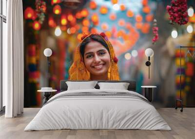 portrait of a happy indian woman on the religious festival of navarati Wall mural