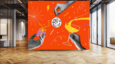 Happy new year 2024 design. With hands holding disco ball, champagne and sparkler. Colorful collage style illustrations. Vector design for poster, banner, greeting and new year 2024 celebration.	 Wall mural