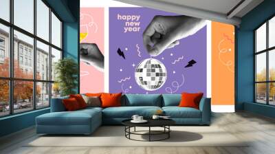 Happy new year 2024 design. With hands holding  disco ball, champagne and sparkler. Colorful collage style illustrations. Vector design for poster, banner, greeting and new year 2024 celebration. Wall mural