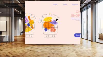 Online shopping concept. Shopping cart . Flat vector design isolated on pink background. Wall mural