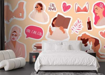 vector stickers set. female cartoon badges with. Wall mural