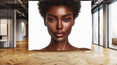 african woman portrait with graphic lines showing facial lifting effect on skin on a white background Wall mural