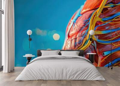 Close up abdominal muscles of the human body anatomy isolated on blue science background Wall mural