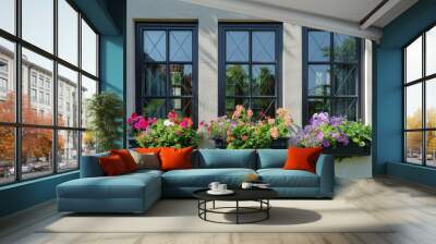 closeup of diamond pane windows with flower boxes Wall mural