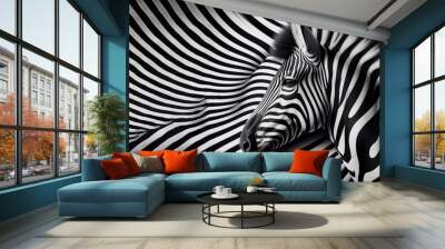 Detail of a zebra head over an abstract white and black striped background Wall mural