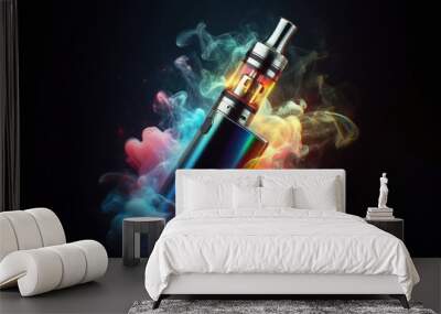 electronic cigarette vape with colorful smoke around it Isolated on black background Wall mural