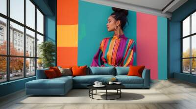 fashion model girl with colorful trendy dress against vibrant colors background Wall mural