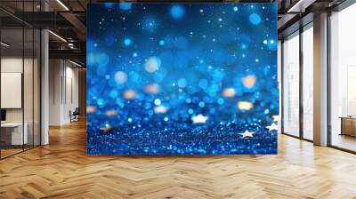 Festive starry sky background with blue light bokeh. New year and Christmas concept Wall mural