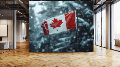 flag of Canada with red maple on blurred forest winter cold background Wall mural