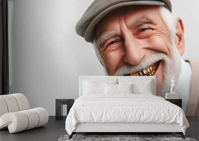 Funny old man smiling with golden teeth Isolated on white background copy space Wall mural