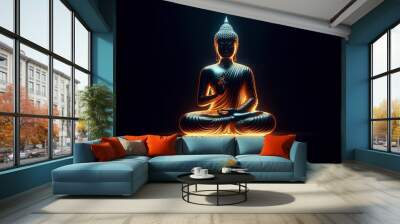 Glowing Meditating buddha statue on black background Wall mural