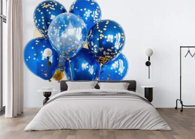 Gold and royal blue balloons with confetti, gold mirrored balloon party, stars, bokeh white background Wall mural