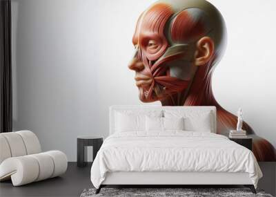 human anatomy showing body and head, face with muscular system visible on solid white background Wall mural