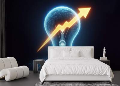 Light bulb with grow up arrow rise in price of electricity Isolated on black background Wall mural